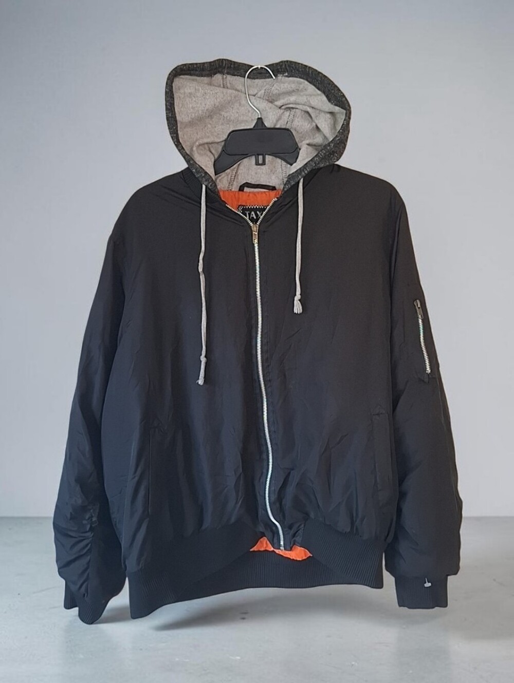 Men's Black Hooded Bomber Jacket with Gray Lining